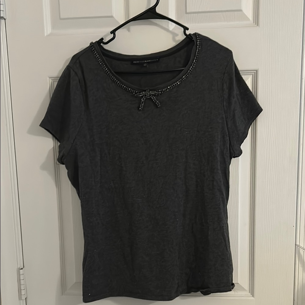 White House Black Market Gray Beaded Short Sleeve Top